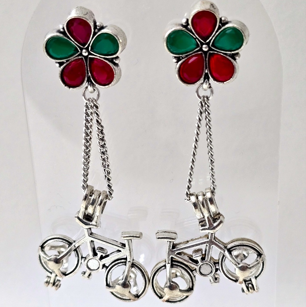 Ruby And Emerald Bike / Cycle Dangle Earrings - image 1